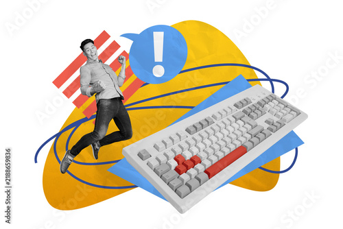 Cuadro en lienzo Composite photo collage of happy businessman jump new keyboard device office too