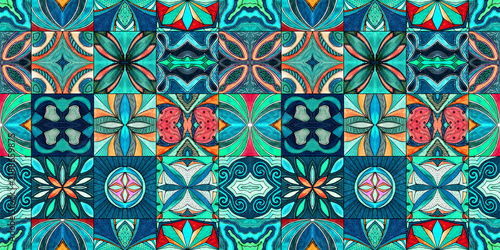 Colorful seamless pattern with geometric abstract floral ethnic mosaic tiles ornament background