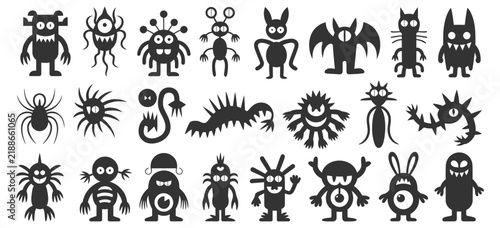 Фотография Collection of black silhouette cartoon monster characters, funny aliens, spooky
