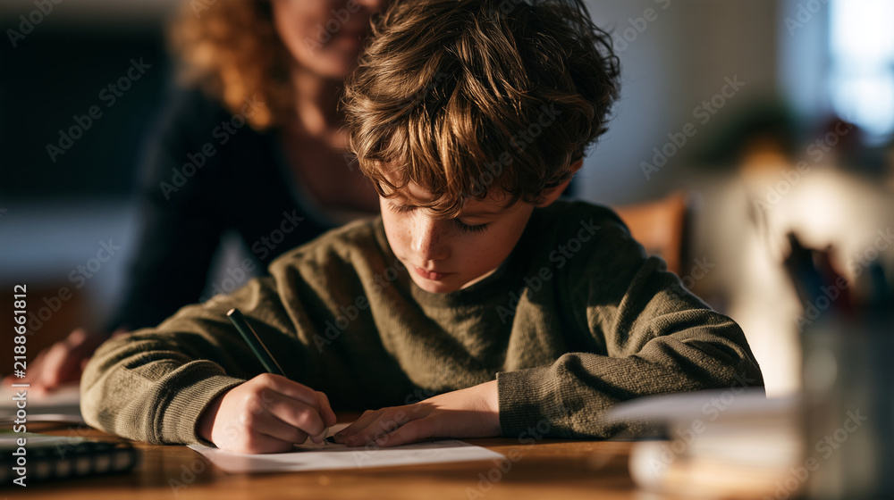 Obraz premium Young boy practicing handwriting at a home desk with a parent nearby, medium shot, connectioneering learning support, warm natural light, authentic unposed photo