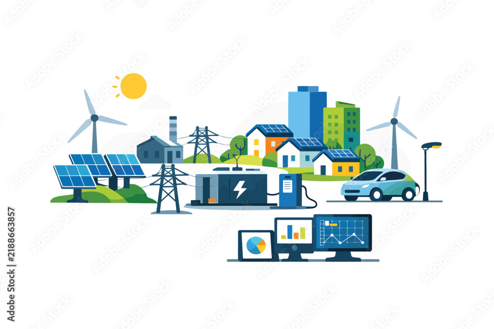 Naklejka premium Smart city with renewable energy and electric vehicles concept illustration