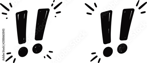 Two exclamation points with radiating lines against a white background representing excitement or emphasis