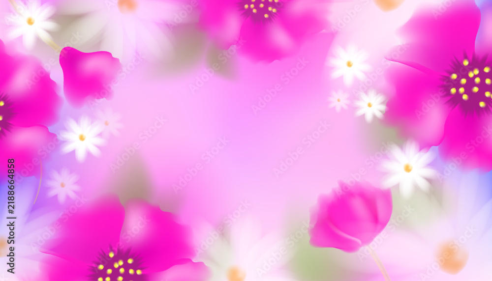 Fototapeta premium Soft floral background with pink-purple flowers, white daisies and flower petals,abstract gradient illustration, nature backdrop for holiday card, vector design template for Valentine's Day or March 8