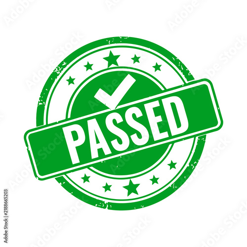 Green rubber stamp with the word passed and a check mark symbol inside a round border for business quality control approval and successful verification