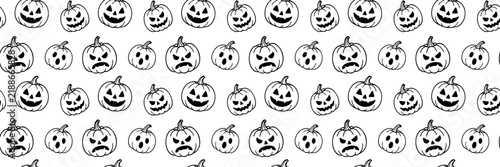 Seamless Halloween pattern with hand drawn jack o lantern pumpkins and expressive spooky faces in black outline, ideal for seasonal backgrounds and prints