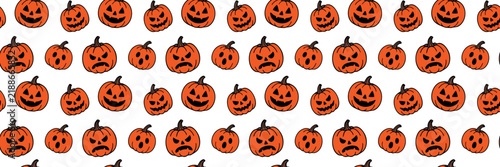 Seamless Halloween pattern with orange jack o lantern pumpkins featuring spooky faces, ideal for wrapping paper, textiles, party decor and backgrounds