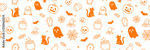 Seamless black and white Halloween pattern with cute doodles of ghosts, pumpkins, bats, cats, spiderwebs, and candies. Perfect for wrapping paper and festive design
