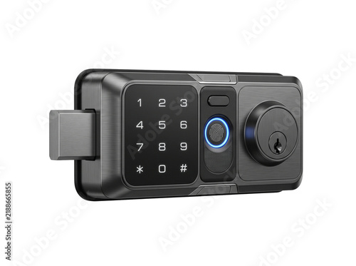 Modern electronic smart door lock with biometric fingerprint scanner and keypad pin.