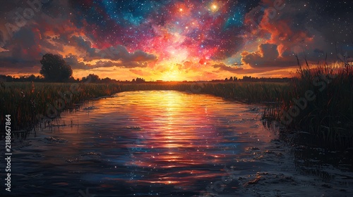 Cosmic Sunset over a tranquil river