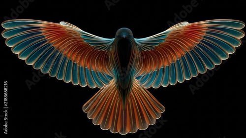 Abstract Glowing Bird with Translucent Outstretched Wings on Black Background. AI generative