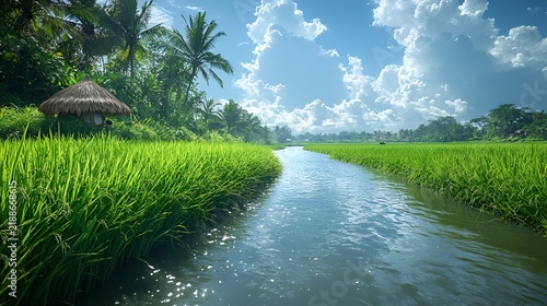 Lush rice paddy canal under a vibrant sky