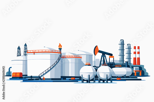 Industrial oil refinery with storage tanks and pumpjack at sunset
