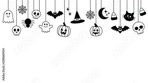 Halloween hanging decorations banner featuring ghosts, skulls, bats, pumpkins, witch hat, and cat garland