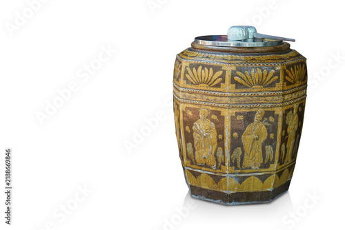 front view old zing lid on brown and yellow pot on white background, object, vintage, retro, decor, copy space
