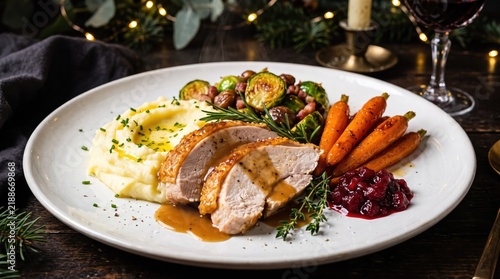 A beautifully arranged holiday dinner plate showcases a golden roasted turkey alongside creamy mashed potatoes and colorful seasonal vegetables