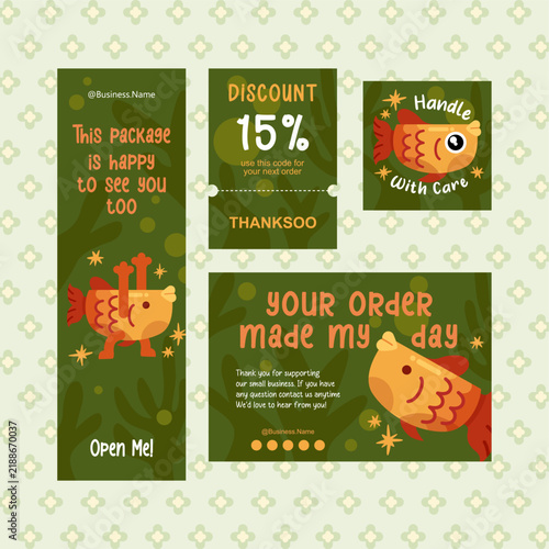 Cute fish character small business thank you card set for package insert template