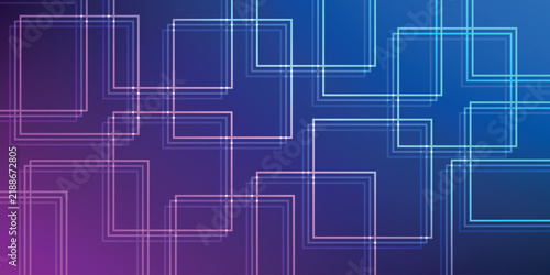 Abstract techno background with glowing interconnected and repeating square lines. Modern design with overlapping square decorations. Vector illustration.