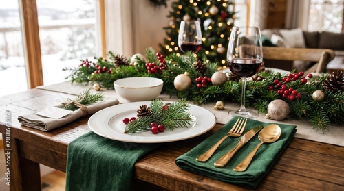 Festive christmas table setting with greenery wine glasses and elegant dinnerware for holiday celebration