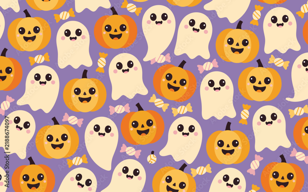 Fototapeta premium Cute halloween seamless pattern with pumpkins and white ghosts on purple