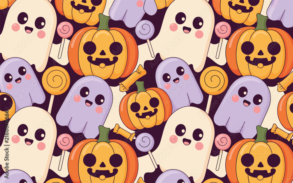 Obraz premium Halloween seamless pattern with pumpkins ghosts and colorful lollipops