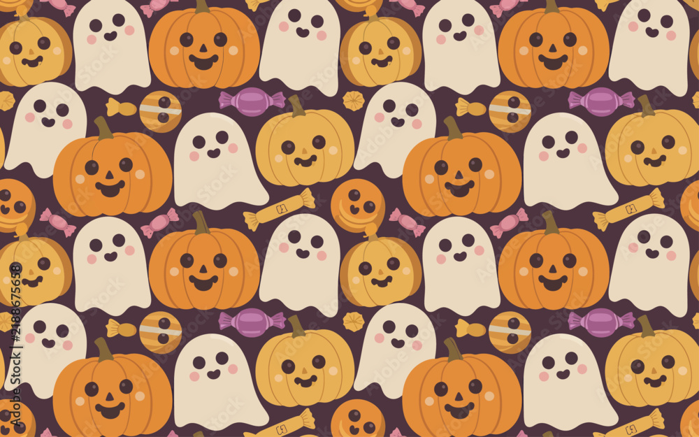 Fototapeta premium Cute halloween seamless pattern with ghosts pumpkins and wrapped candies