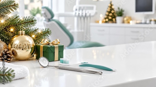 Dental Clinic Holiday Concept: Toothbrush and Mirror Beside Gift Box, 2027