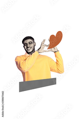 Fotografie Vertical photo collage of happy guy show heart gesture like valentine day celebr