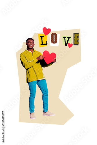 Canvastavla Vertical photo collage of happy american guy hold like valentine day postcard ce