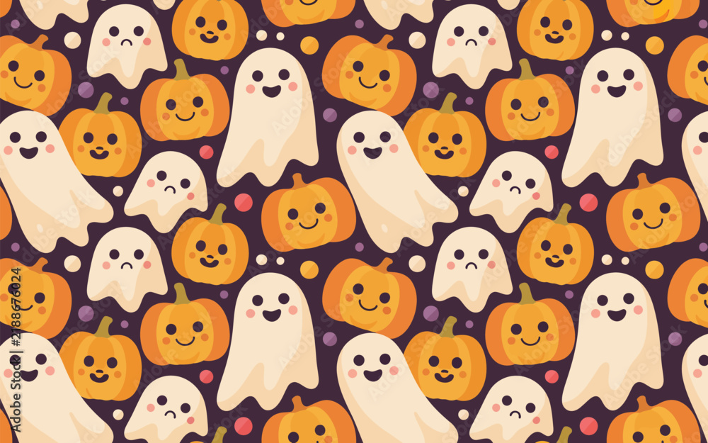 Obraz premium Halloween seamless pattern with pumpkins ghosts and small polka dots