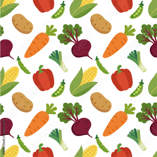 Vegetable food organic fresh healthy cooking produce garden natural vector pattern featuring assorted vegetables including carrots, radishes, onions, peppers, peas and pumpkins