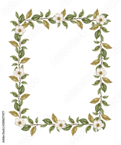 Fotografía Watercolor vintage pear blossom frame with white flowers, green and gold leaves on brown branches