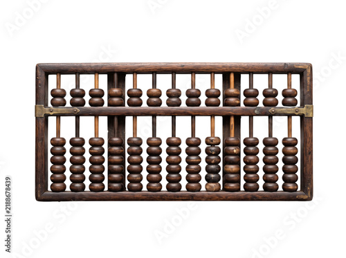 Vintage wooden abacus with brown beads on rods for traditional math calculation.