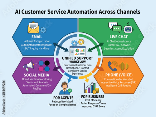 AI Customer Service Automation Across Channels with Unified Support Workflow, Chatbot, Email, Voice, Social Media and Business Process Infographic
