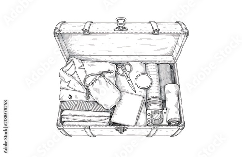 Open briefcase with camera gear and travel accessories inside