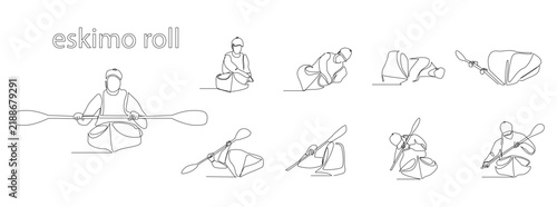 person kayak canoe eskimo roll poses adventure water sport one line set vector design