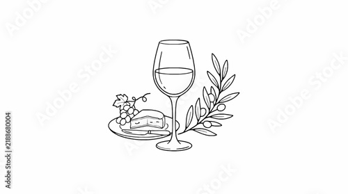 Line art illustration of wine glass cheese grapes and olive branch arranged on white background with black outline drawing