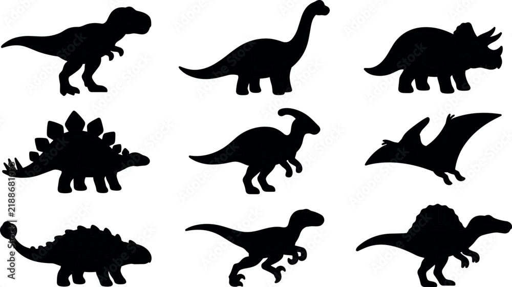 Obraz premium Dinosaur silhouette vector collection featuring tyrannosaurus rex triceratops raptor and stegosaurus isolated on white background