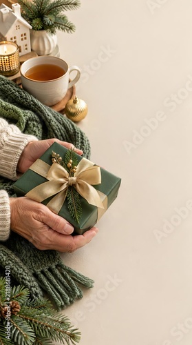 Mature Hands Holding a Gift Box with Evergreen Decor