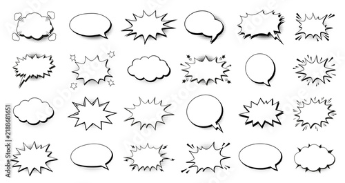 Comic speech bubbles set. Retro pop art speech balloons, halftone dots burst frames, cloud thought and oval talk bubbles and explosive message shapes. Cartoon dialog elements vector illustration