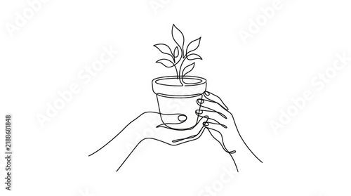 Continuous line drawing of hands holding a potted plant