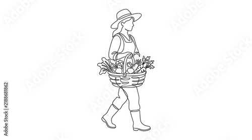 Continuous line drawing of a farmer carrying a vegetable basket