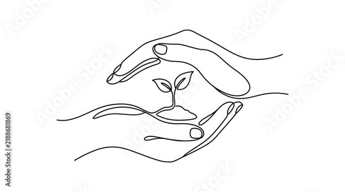 Continuous line drawing of hands holding a small plant