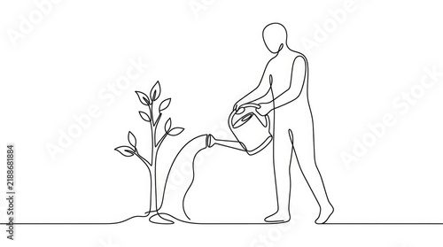 Continuous line drawing of a person watering a plant