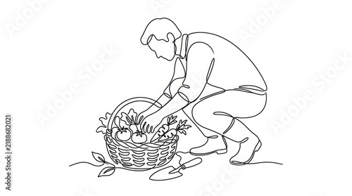 Continuous line drawing of a farmer harvesting vegetables