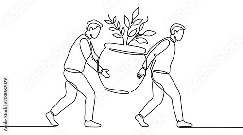 Two men carrying a large potted plant together
