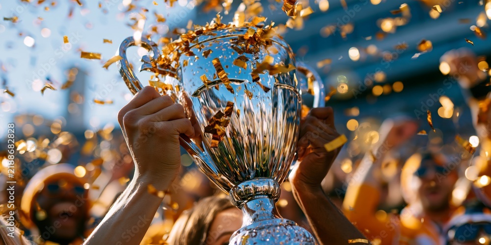 Obraz premium Shiny silver trophy held high amidst golden confetti, celebrating victory with joyful crowd in vibrant sunlight, dynamic and triumphant sports moment.