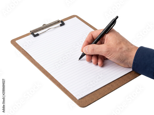 Hand writing on lined paper on clipboard with black pen for note taking.