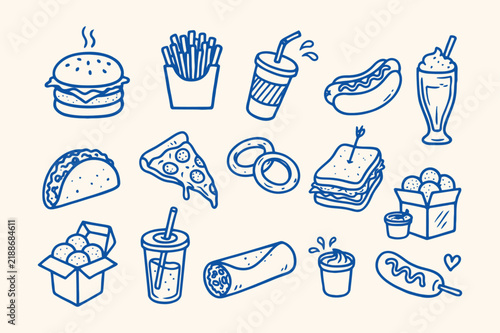 Fast food icons and snacks in blue line art style