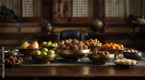 Array of fresh fruits and roasted nuts displayed on traditional Korean table