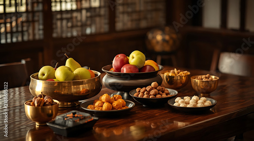 Traditional Korean Chuseok table setting featuring brass bowls filled with fresh fruits and nuts